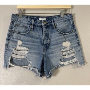 Good American Good '90s Distressed High Rise Rigid Cotton Denim Shorts 8/29